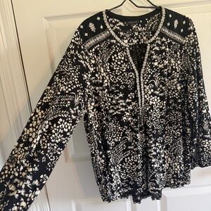 Lucky Brand 3X Black Floral Boho Peasant Blouse Embroidered Trim
